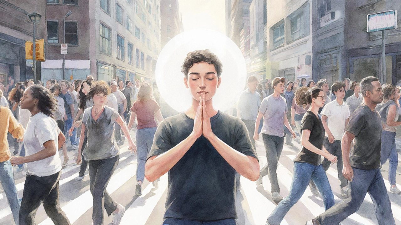 Personne apaisée au milieu d&#039;une rue animée, manifestant une maîtrise intérieure face au stress urbain.