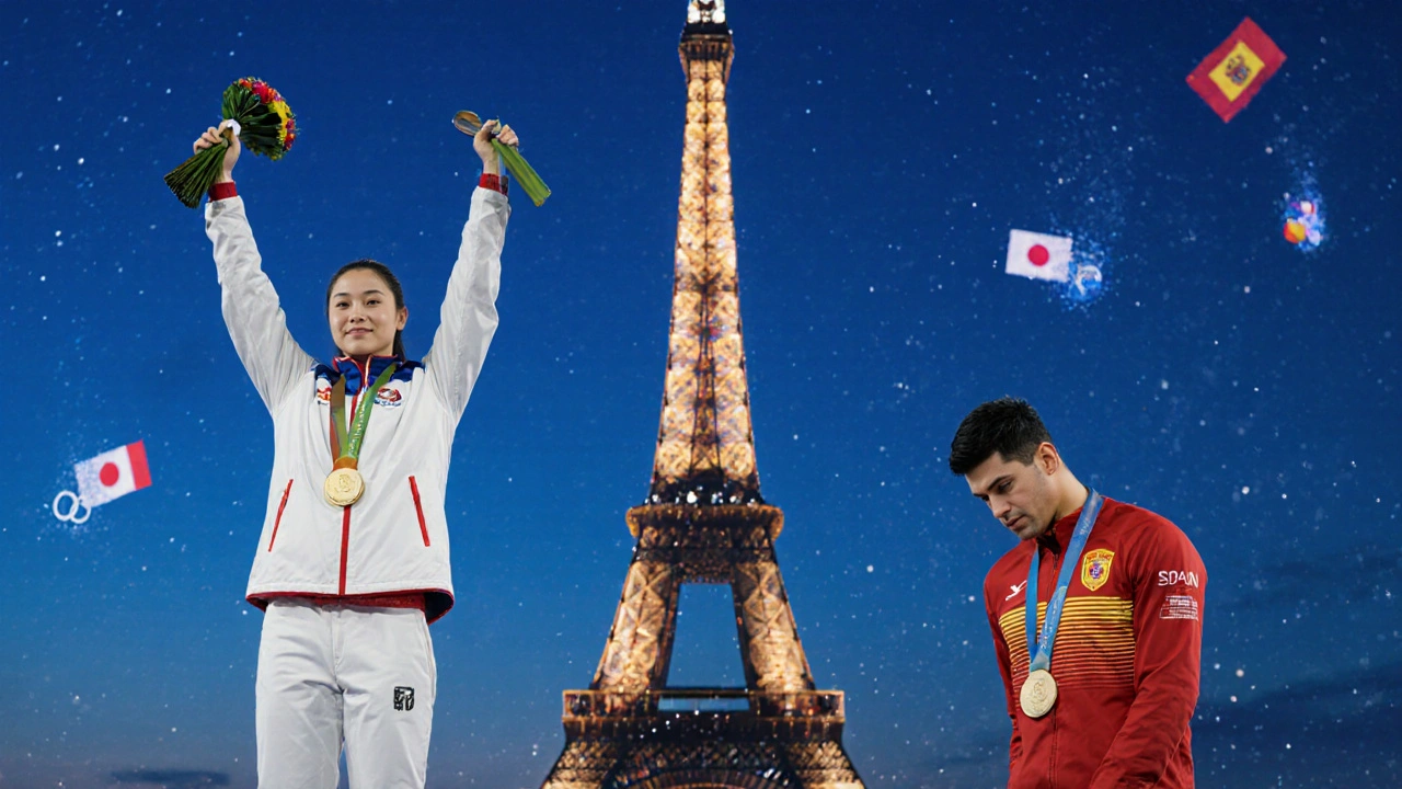 Podium olympique de Paris 2024 avec les médaillés d&#039;or, d&#039;argent et de bronze du karaté sous la Tour Eiffel.