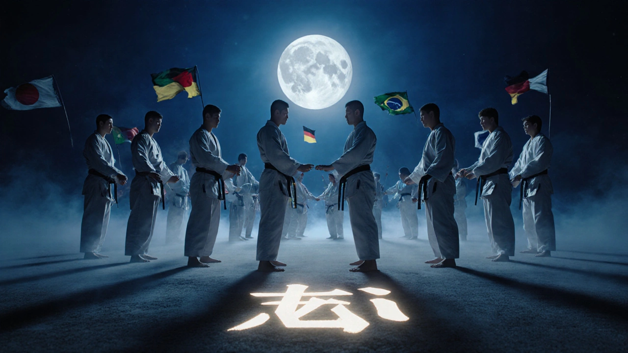 Praticants du monde entier exécutant un kata ensemble sous la lune, unis par la tradition.