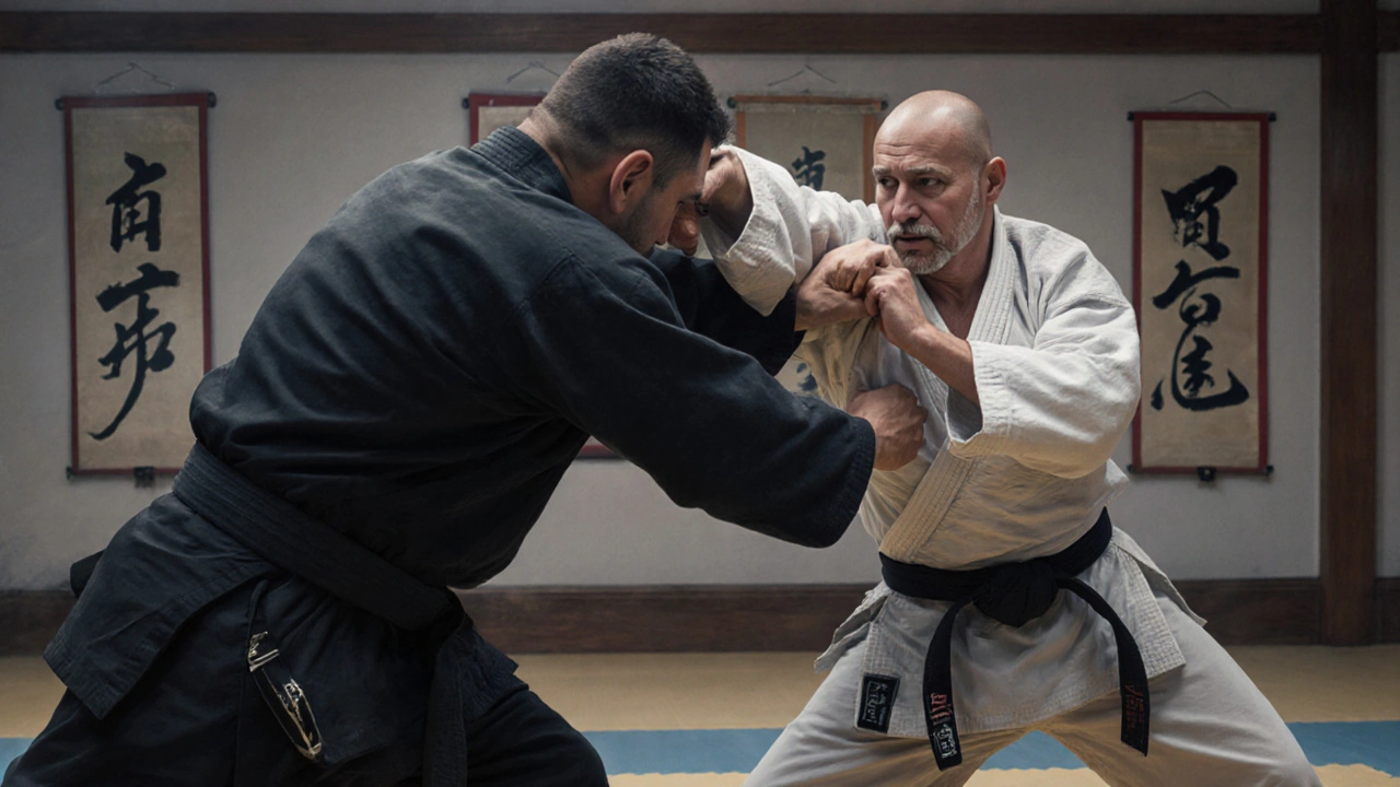 Pratiquant de Goju-Ryu utilisant une technique de bloc circulaire et un coup de coude pour neutraliser un adversaire plus grand.