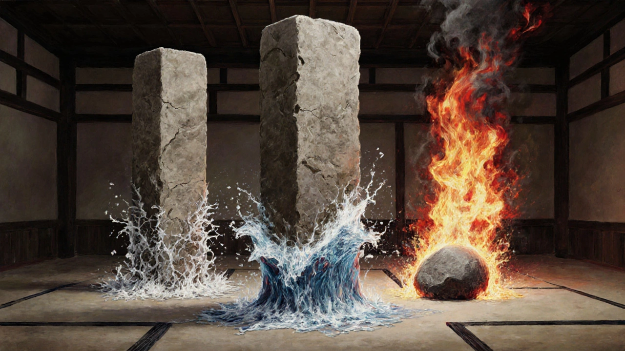 Représentation symbolique de trois styles de karaté comme forces élémentaires : pierre, eau et feu, émergeant d&#039;un sol de dojo.