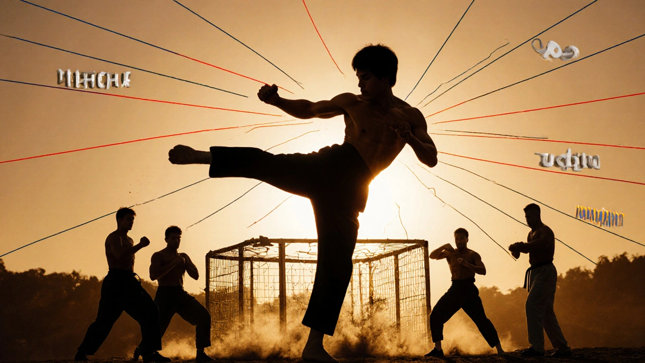 Silhouette de Bruce Lee avec des lignes d&#039;énergie et une cage qui se désintègre, représentant sa philosophie.