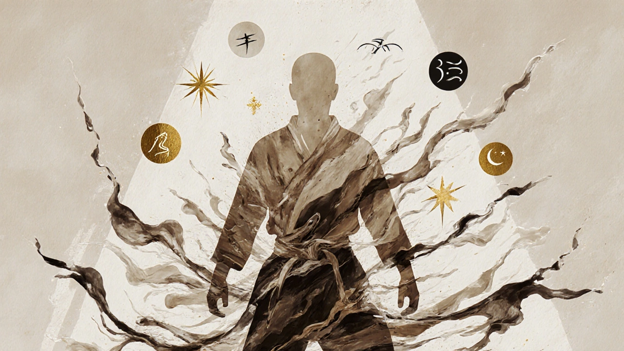 Silhouette humaine en encre qui évolue du désordre à la précision, symbole du chemin du karaté.