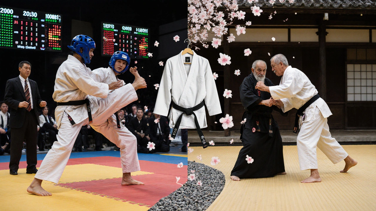 Split visual : karaté olympique à gauche, karaté traditionnel à droite, avec une tenue vide au centre symbolisant l&#039;essence du karaté.