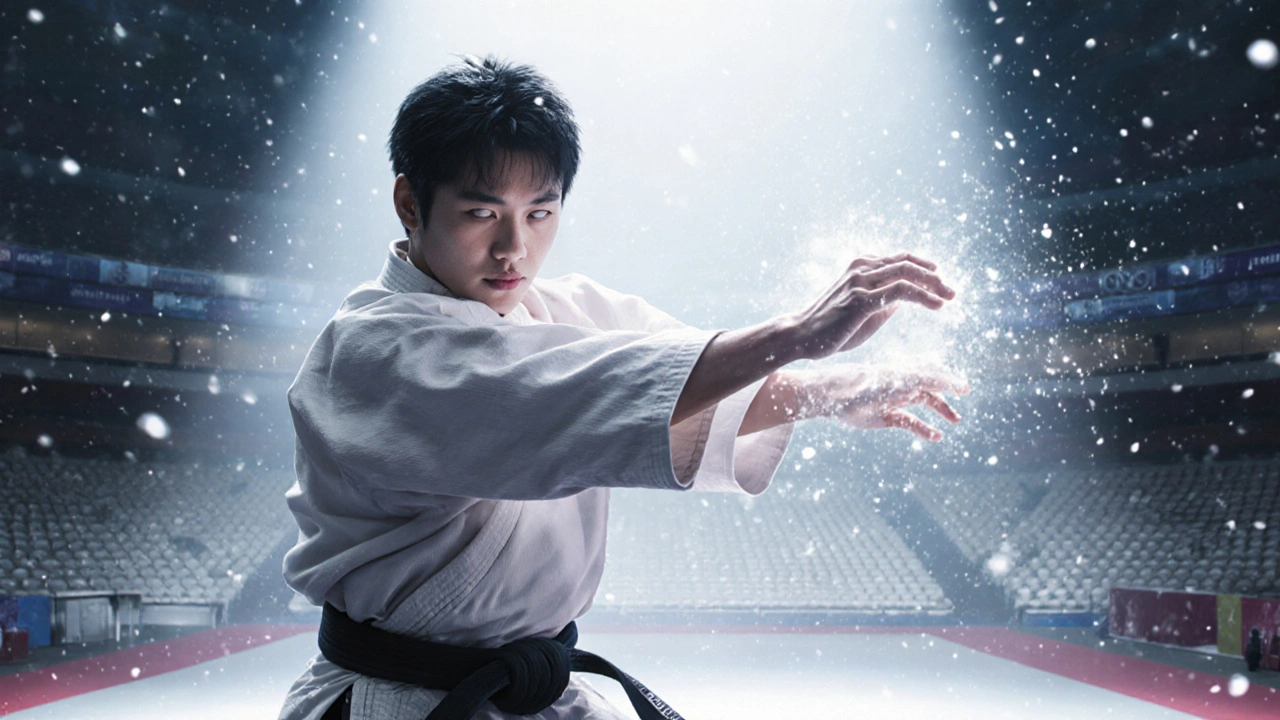 Tadahiro Nomura en kata olympique, posture parfaite, lumières douces.