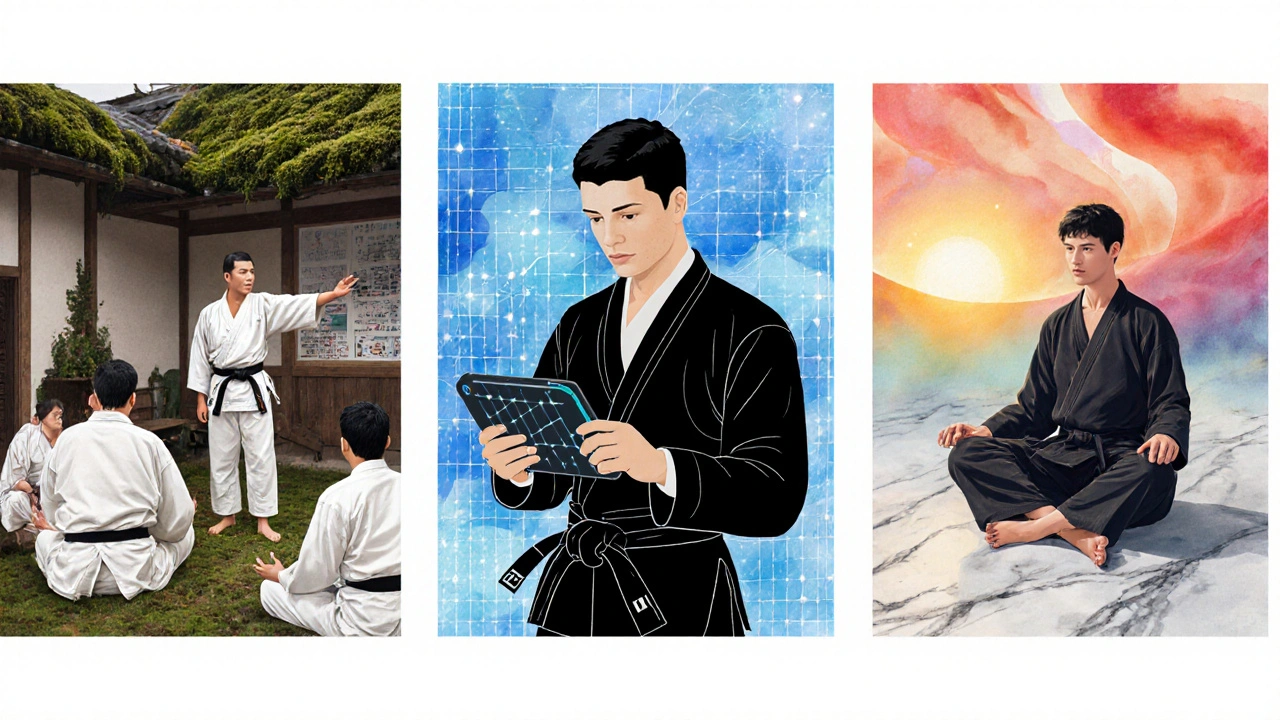 Triptyque symbolique de l&#039;évolution du karaté : maître traditionnel, athlète moderne et jeune prodige espagnol.