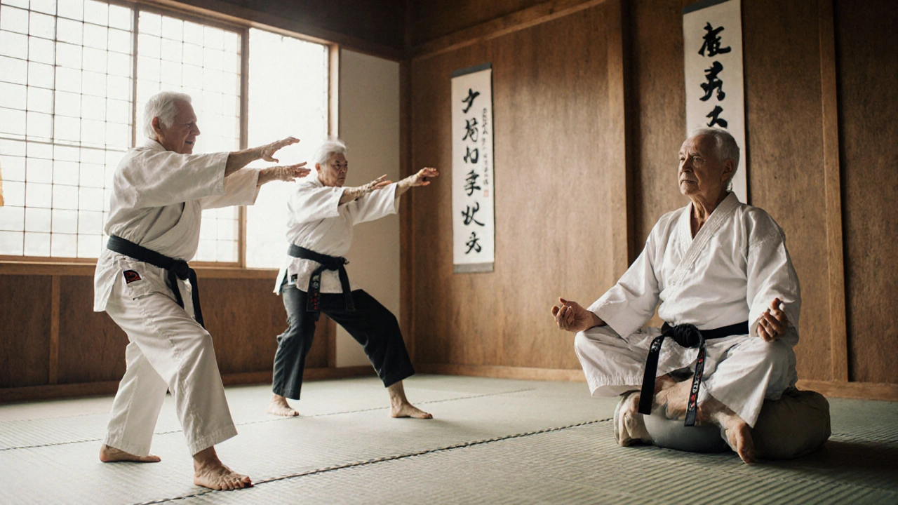 Trois adultes pratiquant doucement le karaté adapté, dans une ambiance calme et bienveillante au matin.