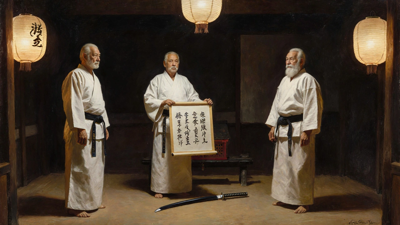 Trois maîtres anciens se tiennent en cercle dans une salle de dojo, un rouleau portant le titre &#039;Shihan&#039; est présenté.