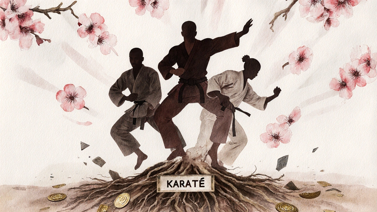 Trois styles de karaté représentés comme des silhouettes issues d&#039;une même racine.