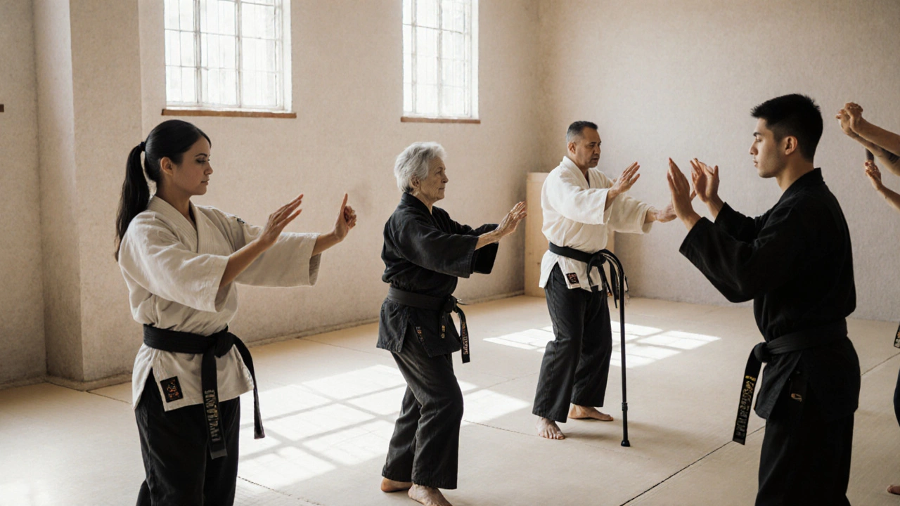 Un groupe diversifié de pratiquants de karaté exécutant ensemble des katas dans un dojo apaisant.