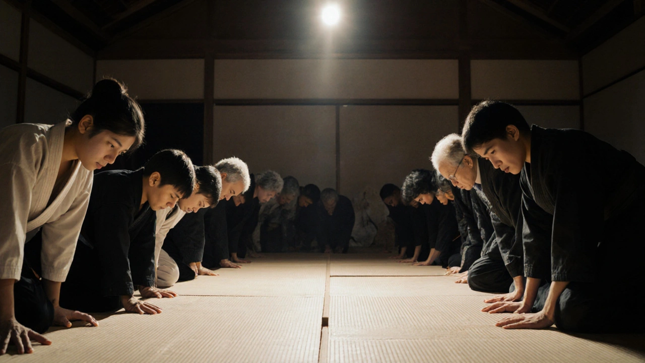Un groupe diversifié de pratiquants se saluent avec respect au début d&#039;un cours.