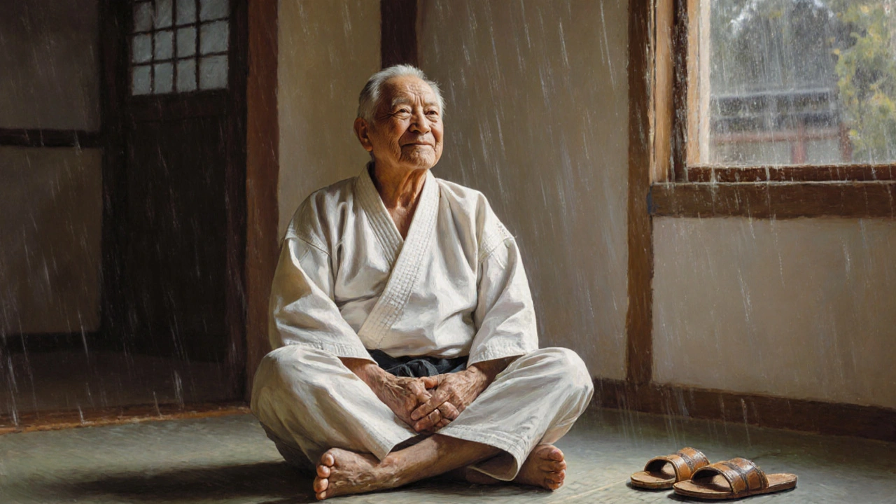 Un homme âgé médite en silence après l&#039;entraînement, apaisé et présent.