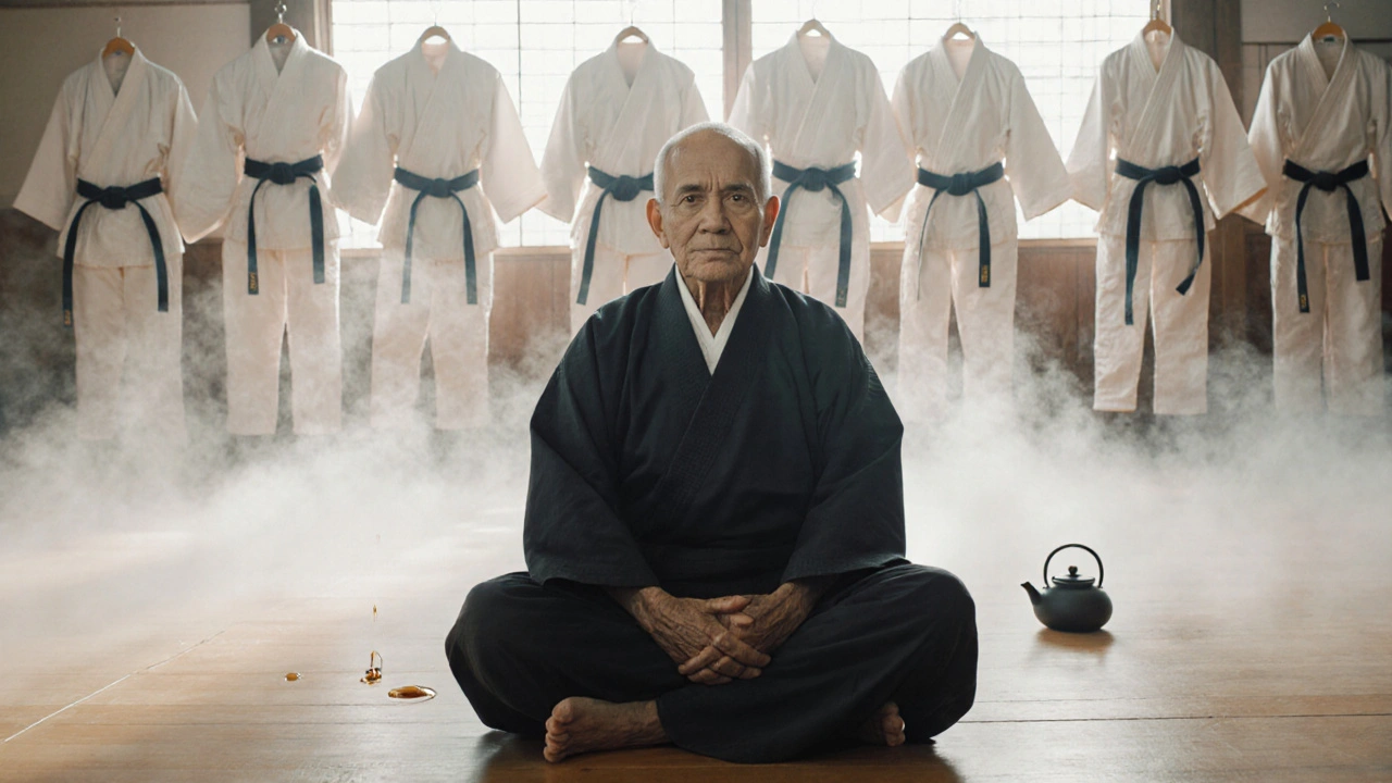 Un maître âgé médite en silence après la pratique, entouré de kimonos suspendus.