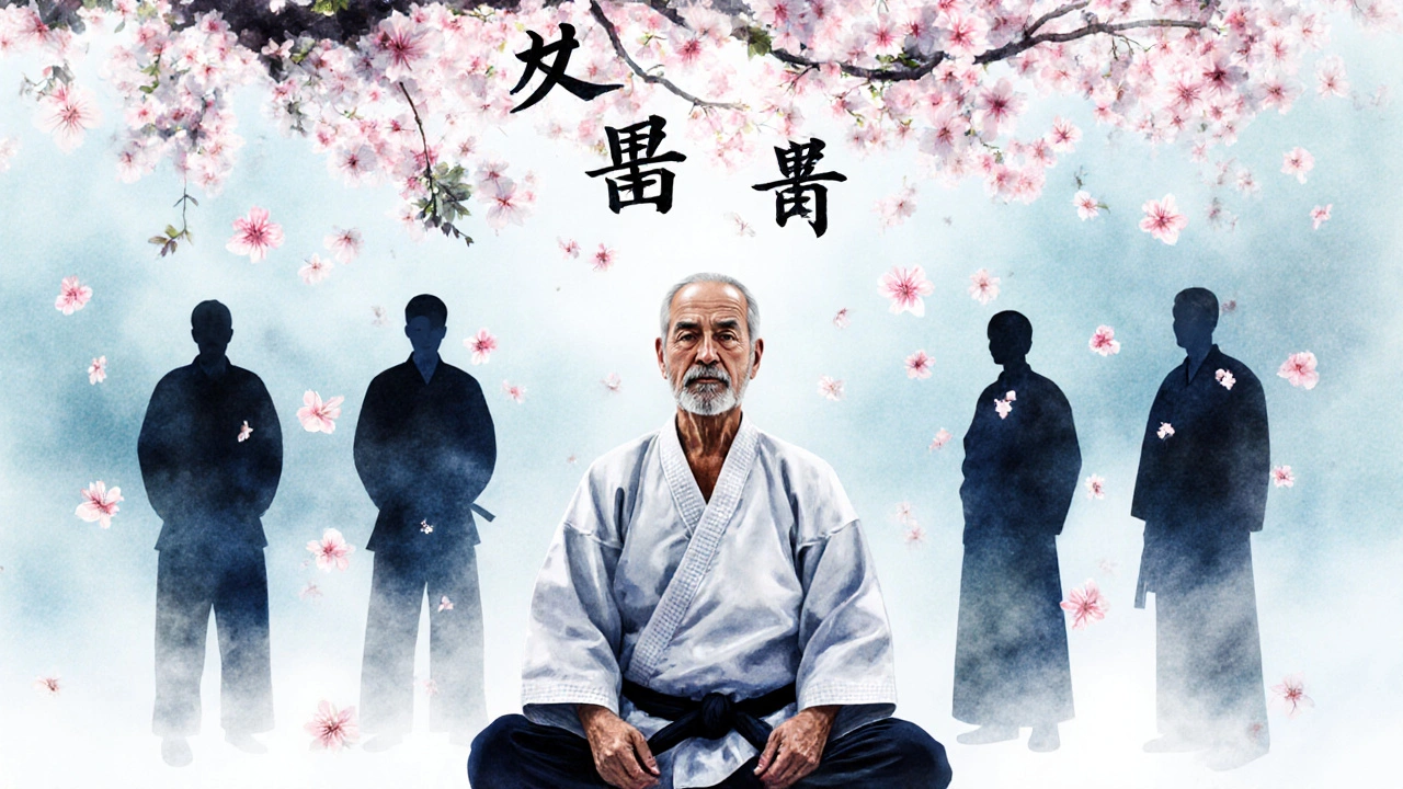 Un maître âgé médite sous une branche de cerisier en fleurs, des pétales se transforment en caractères symbolisant l&#039;apprentissage.