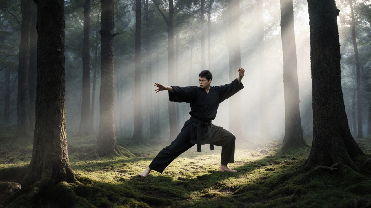 Un pratiquant seul exécute un kata au lever du jour dans une forêt brumeuse, mouvements fluides et précis.