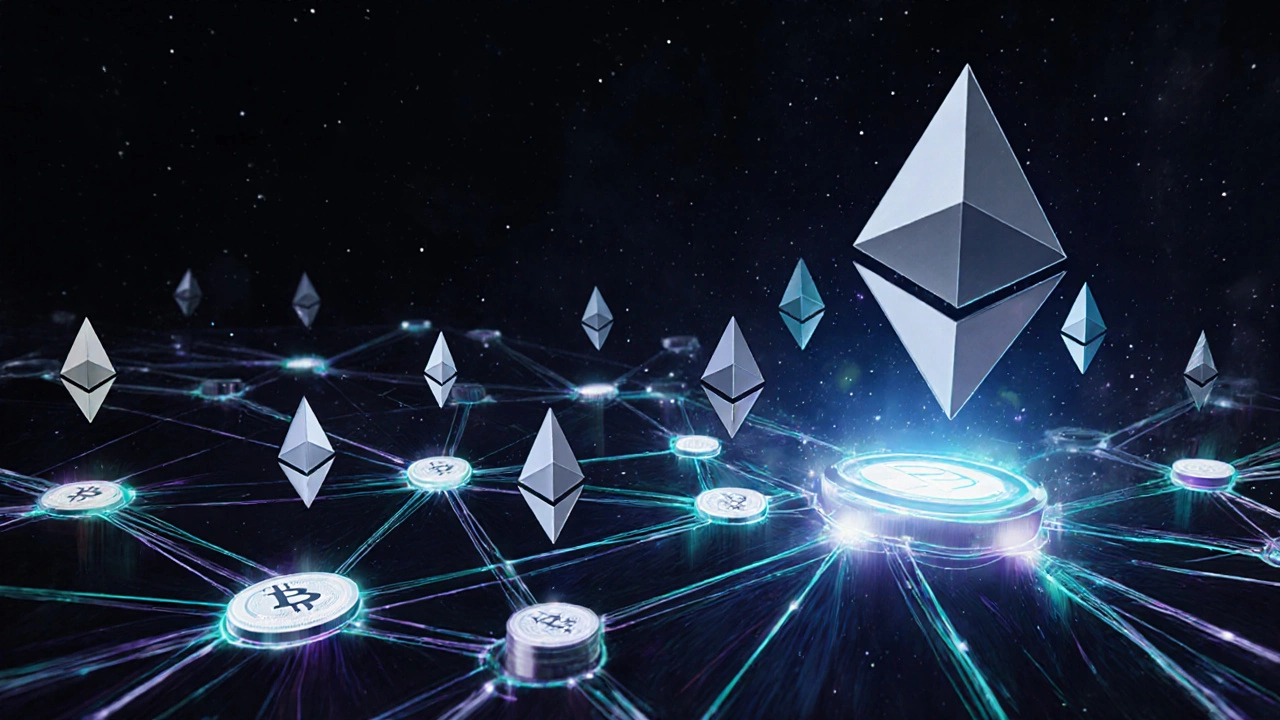 Un réseau de nœuds connectés par des lumières pulsantes, certaines transactions sont rejetées tandis que d&#039;autres avancent vers un bloc.