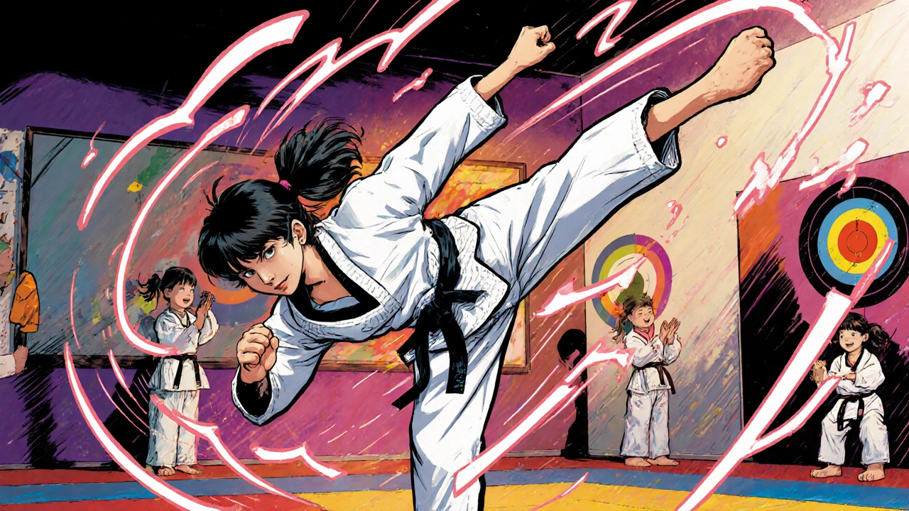 Une fillette en pleine action de coup de pied aérien lors d&#039;un cours de taekwondo.