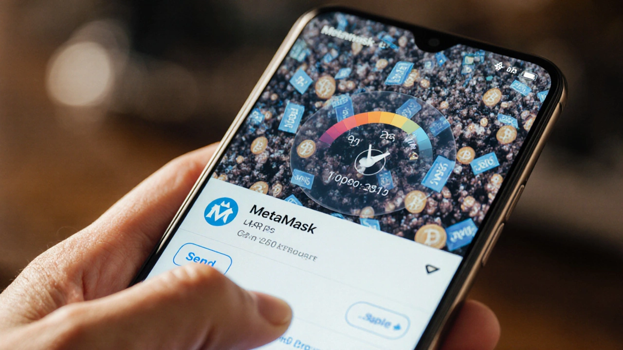 Une main en train d&#039;envoyer une transaction sur un téléphone, avec une superposition transparente du mempool surchargé et un compteur de gaz.