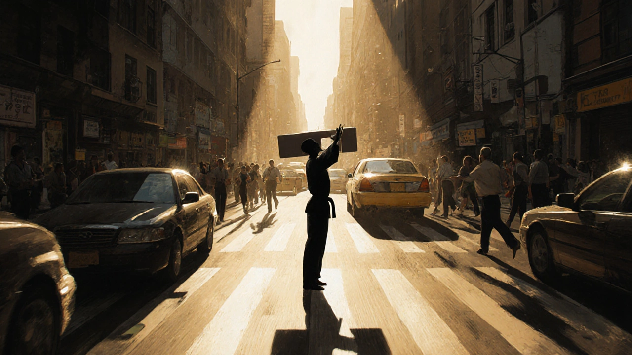 Une personne calme au milieu du chaos urbain, son corps incarnant la paix intérieure malgré le tumulte.