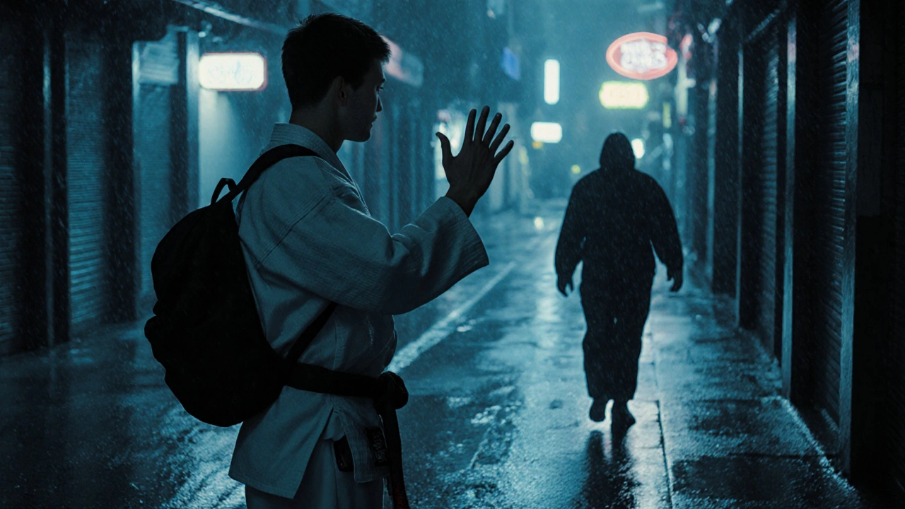 Une personne en situation d&#039;agression urbaine, utilisant un geste de désescalade plutôt que la violence.