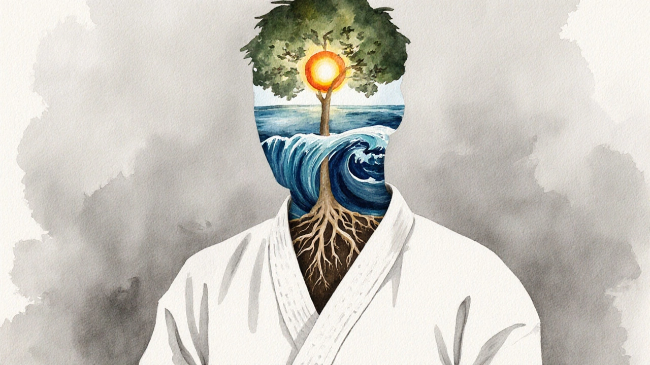 Une silhouette de karatéka remplie d&#039;éléments symboliques : racines, vague et soleil, représentant la transformation intérieure.