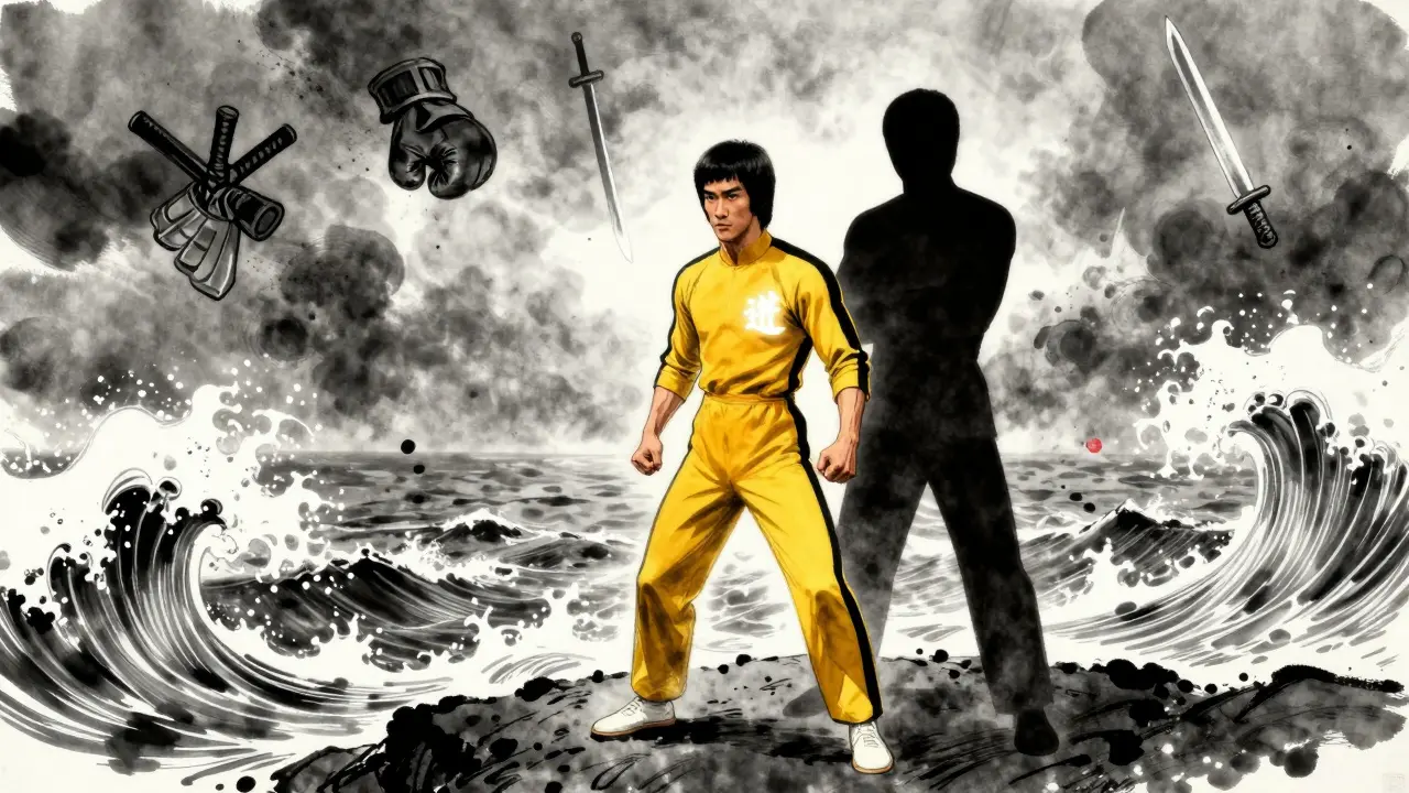 Bruce Lee dont l'ombre est celle d'Ip Man, symbolisant son héritage martial malgré sa renommée mondiale.