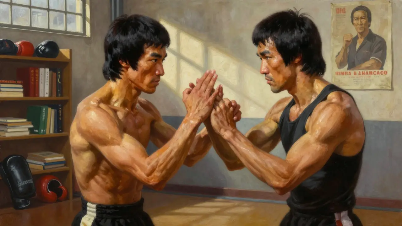 Bruce Lee pratique Chi Sau avec Dan Inosanto dans un garage, entouré de livres et d'une photo d'Ip Man.