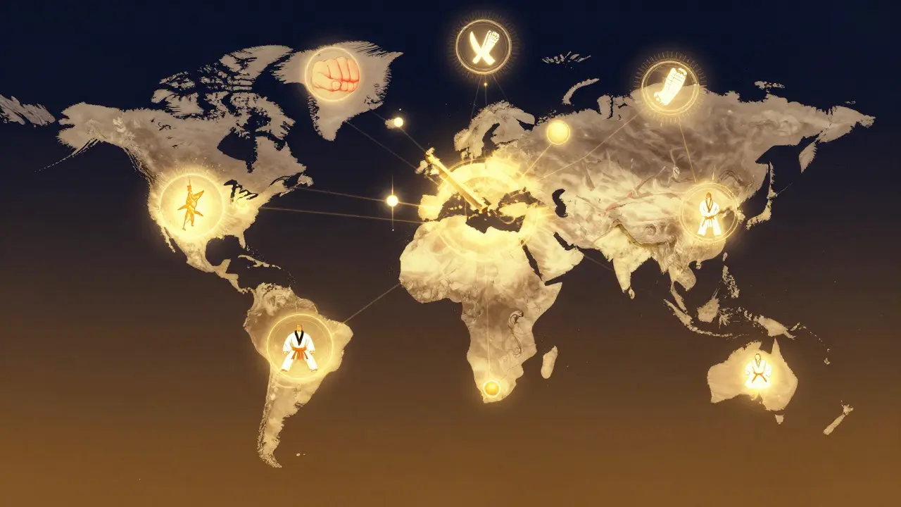 Carte mondiale avec 18 symboles lumineux représentant les arts martiaux, reliés par des fils dorés.