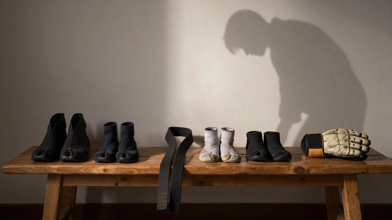 Ceinture noire posée à côté d&#039;objets usés, symbole de l&#039;effort et de l&#039;humilité.