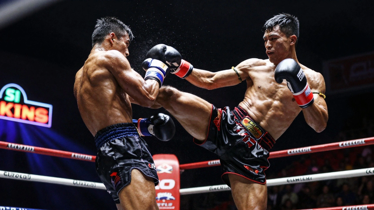 Combattant de muay thai lançant un genou puissant en pleine confrontation dans une arène thaïlandaise.