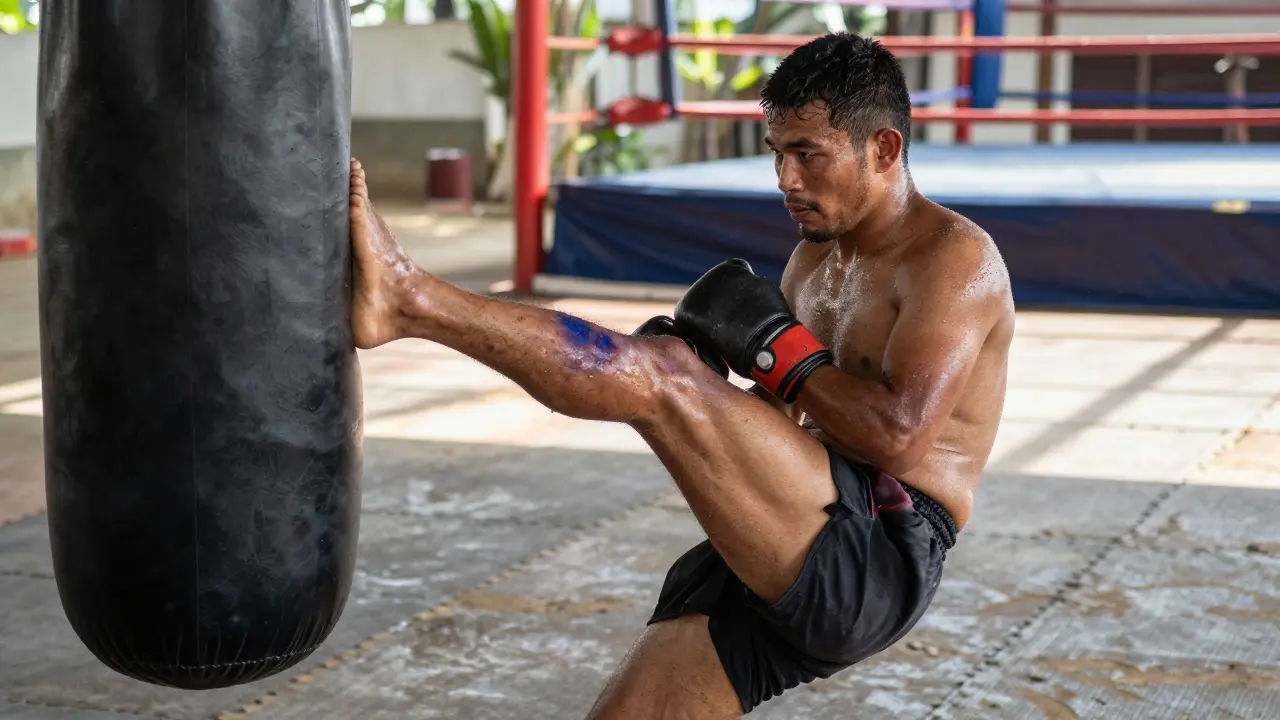 Combattant de muay thai s'entraînant les jambes contre un tronc d'arbre, marqué de contusions.