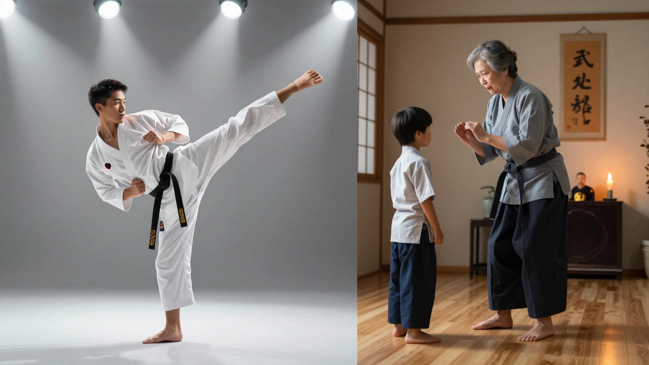Comparaison entre un athlète olympique et une grand-mère okinawaise enseignant le kata à un enfant à la maison.