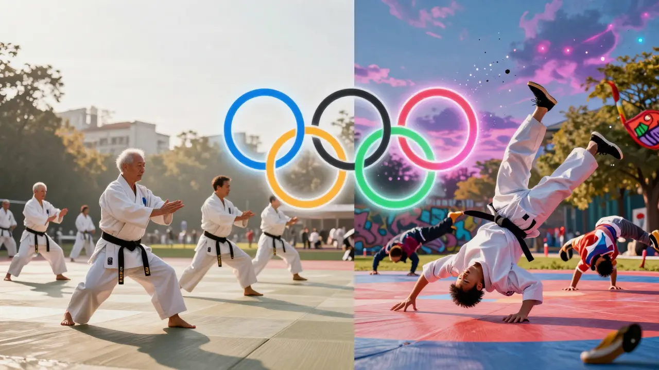 Composition conceptuelle contrastant karaté traditionnel et breakdance urbain, reliés par un anneau olympique.