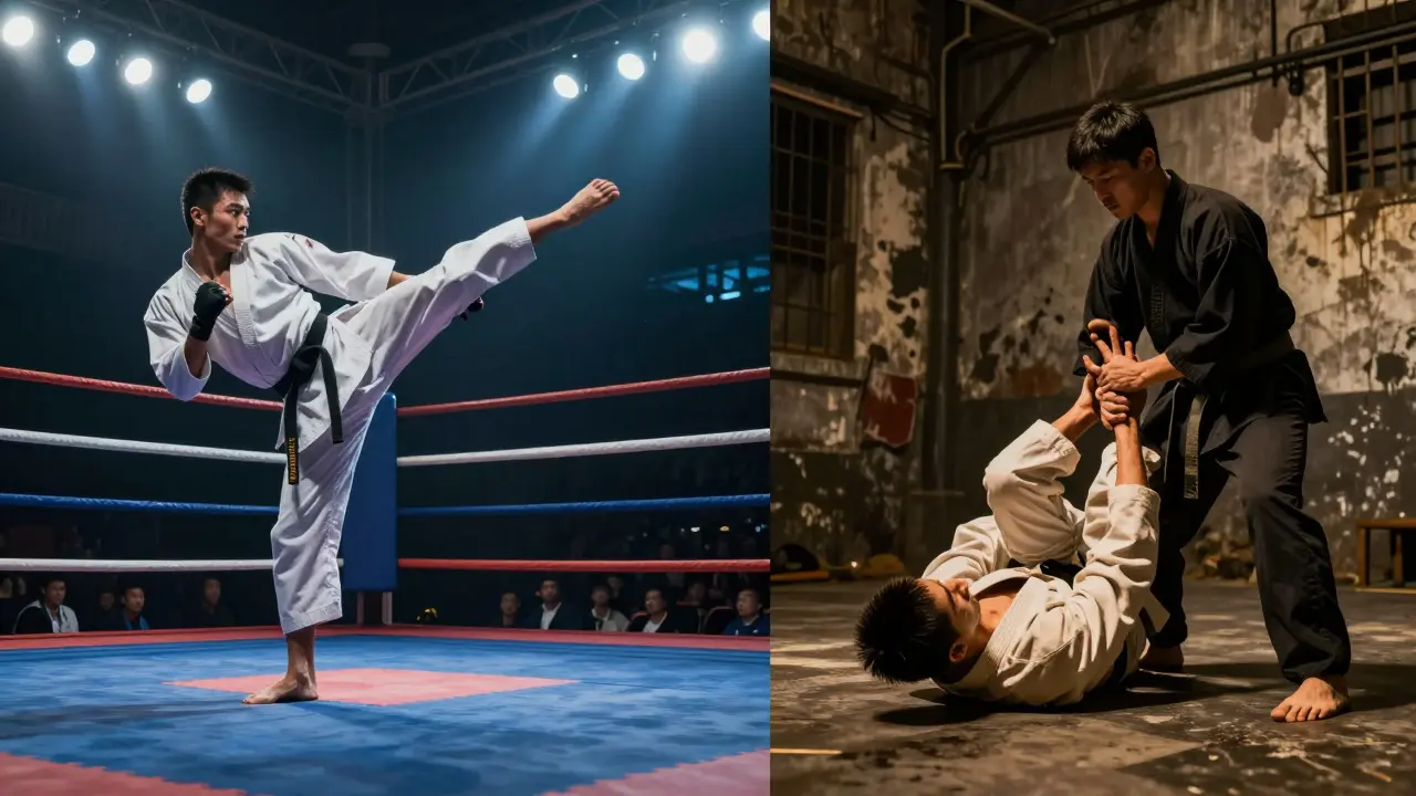 Contraste entre un combat de compétition et une situation réelle de défense personnelle.