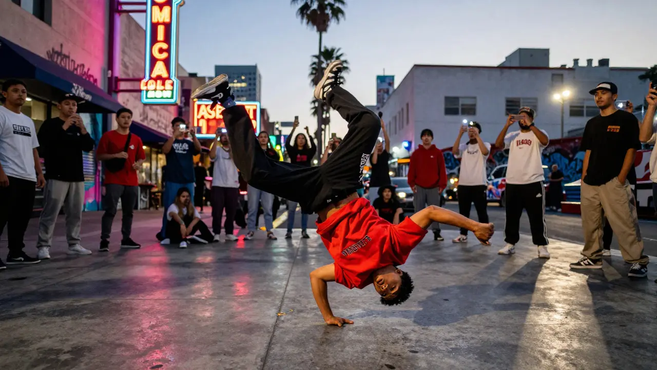 Danseurs de breakdance en pleine action sur un trottoir urbain de Los Angeles, foule enthousiaste autour.