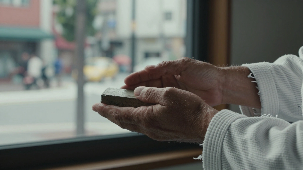 Des mains vieillies exécutent un bloc précis, avec en arrière-plan une rue animée.