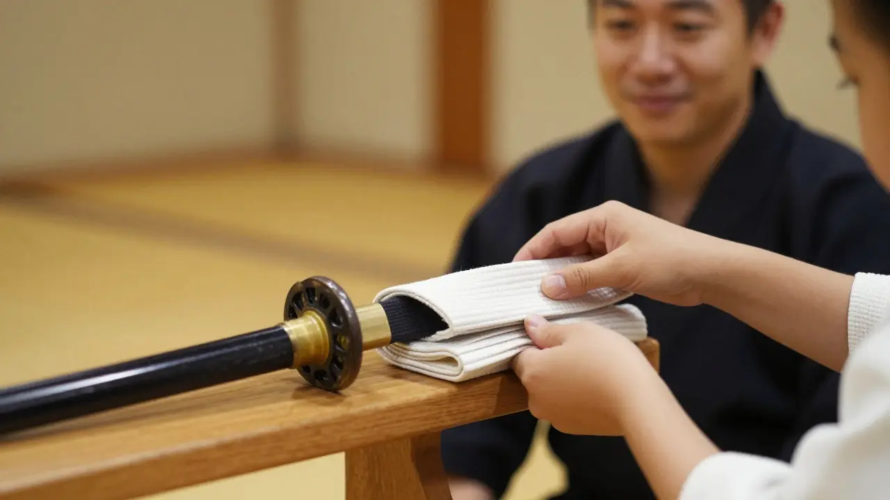Deux mains : une enfant déposant une ceinture blanche à côté d'une ceinture noire usée.