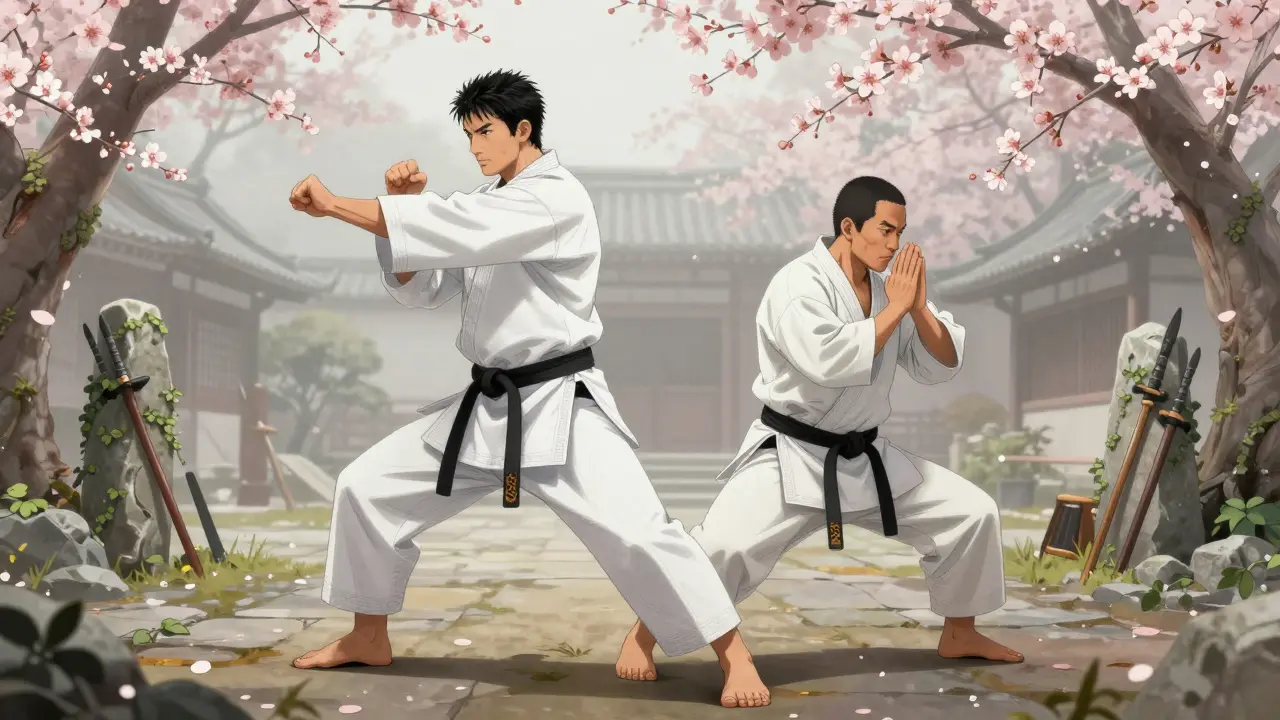 Deux maîtres d'Okinawa en posture opposée, l'un rapide, l'autre circulaire, dans une cour embrumée du XIXe siècle.