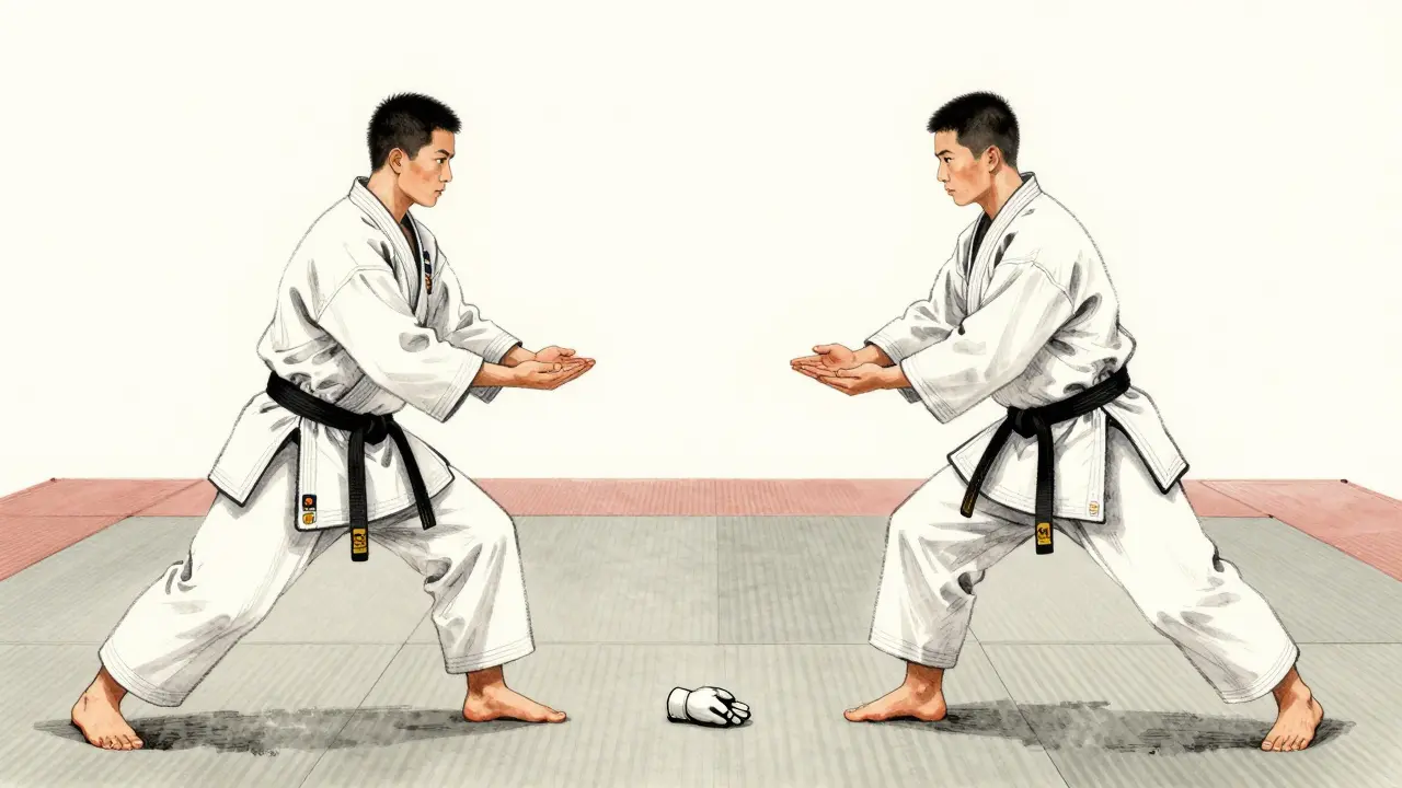 Deux pratiquants de karaté s'inclinent l'un en face de l'autre, dans un geste de respect mutuel.