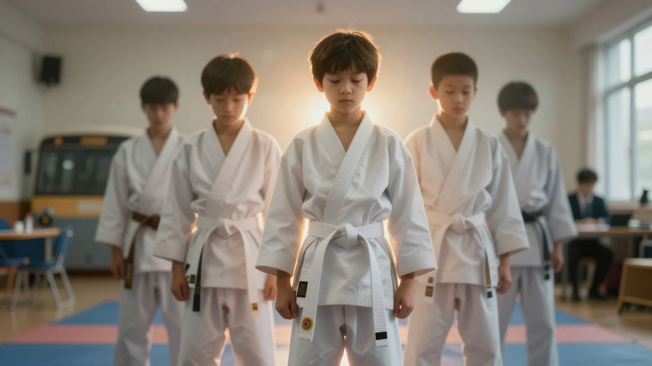 Enfant debout avec une ceinture blanche, les ombres de son ancien soi disparaissant en lumière.