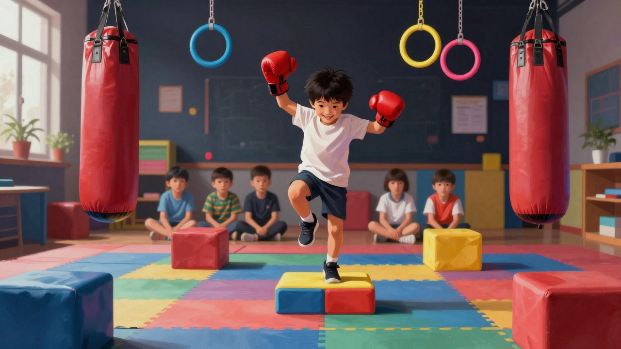 Enfant en boxe anglaise s&#039;amusant dans un parcours d&#039;obstacles coloré et ludique.