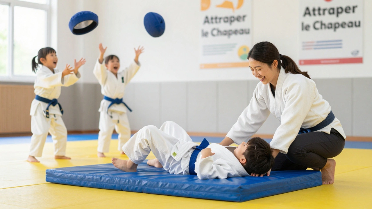 Enfant en judo en train d&#039;apprendre une chute sécurisée avec l&#039;aide de son enseignant.