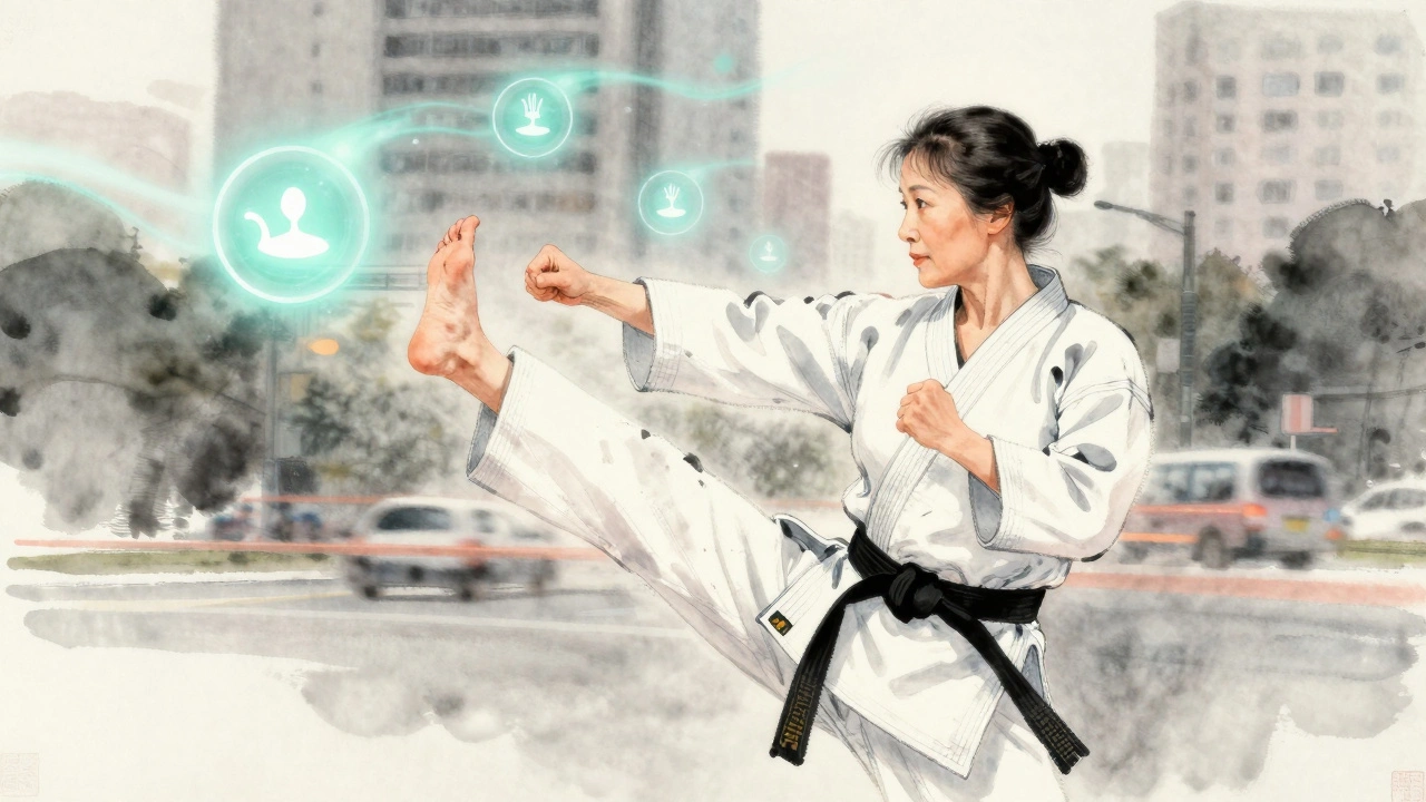 Femme âgée exécutant un coup de karaté avec précision, entourée de symboles de sérénité et de force intérieure.