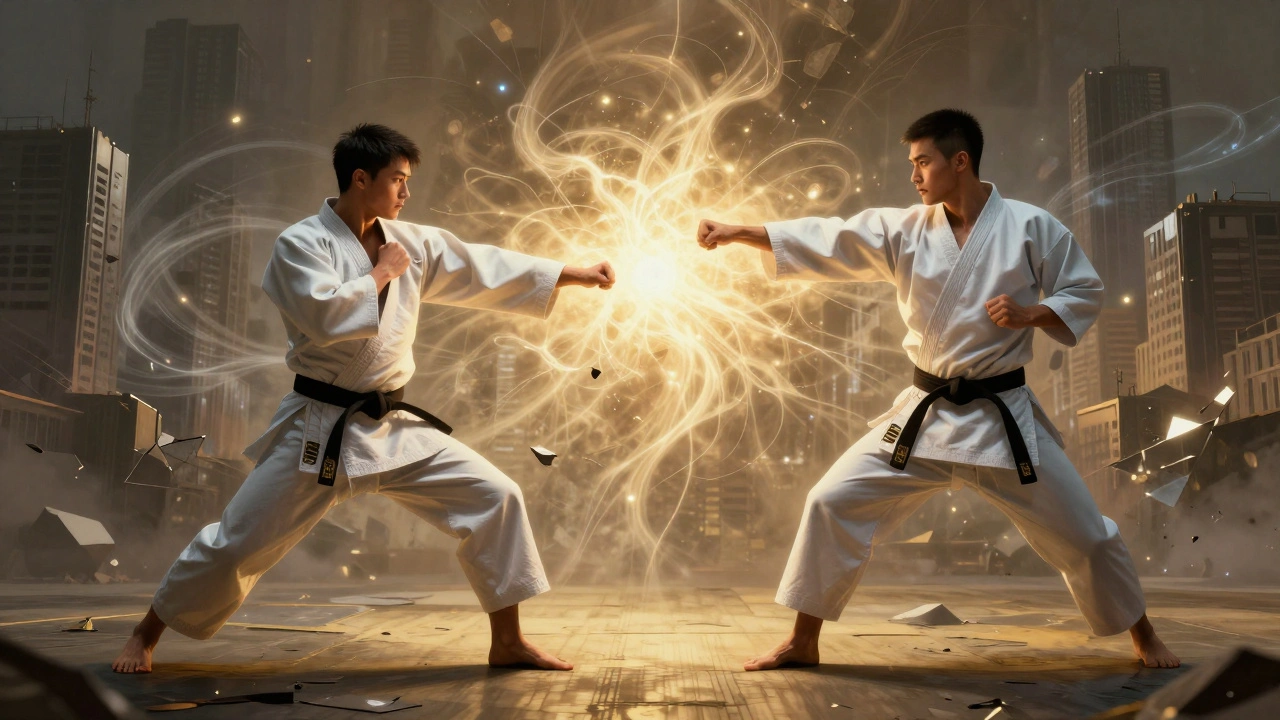 Figures fusionnées de judo et karaté symbolisant la maîtrise combinée.