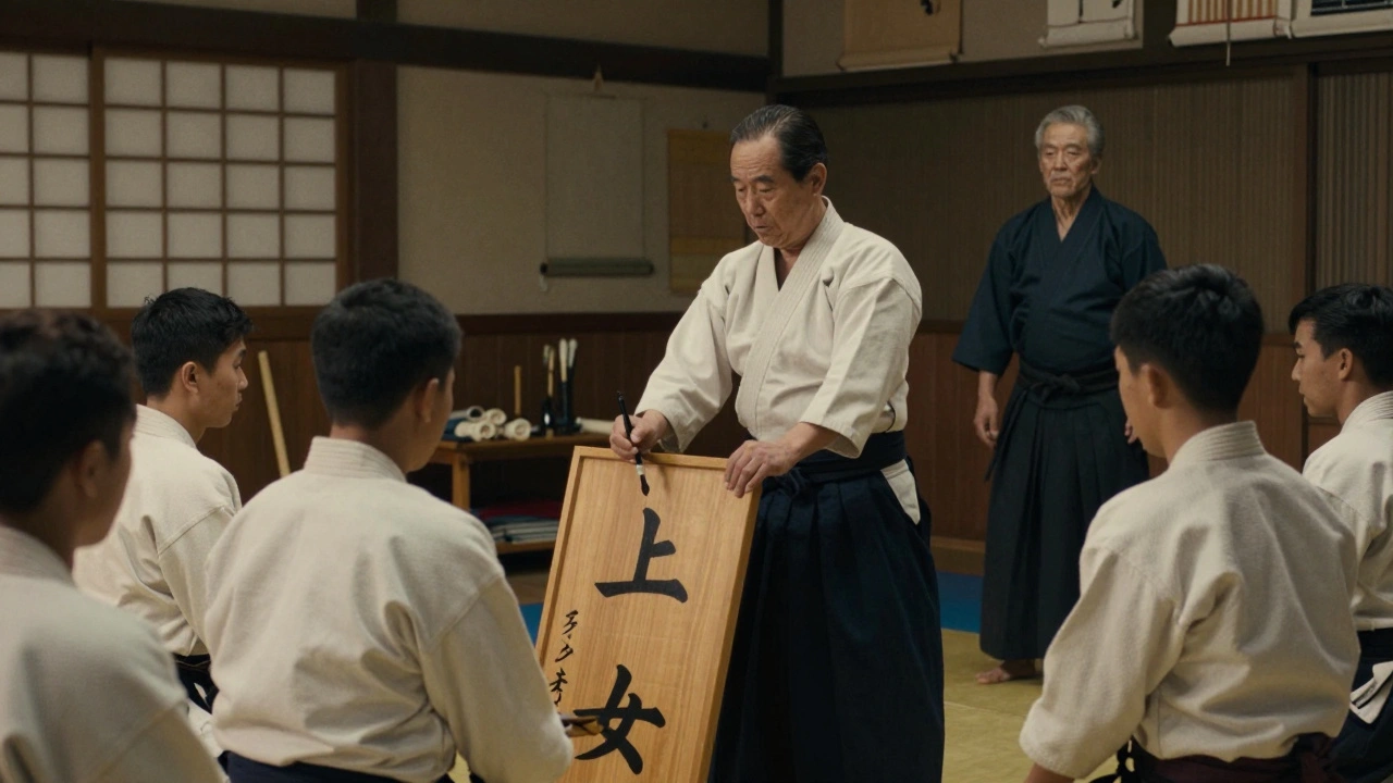 Gichin Funakoshi enseigne le karaté dans un dojo de Shuri Castle, un maître okinawais observe en silence.