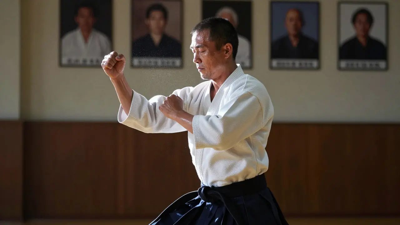 Homme de 54 ans en pleine pratique de kumité, transpirant, avec ceinture noire dans un dojo.