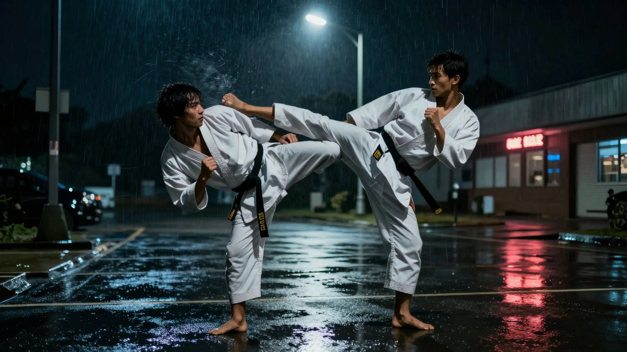 Karatéka assène un coup de pied au genou d&#039;un agresseur dans un parking.