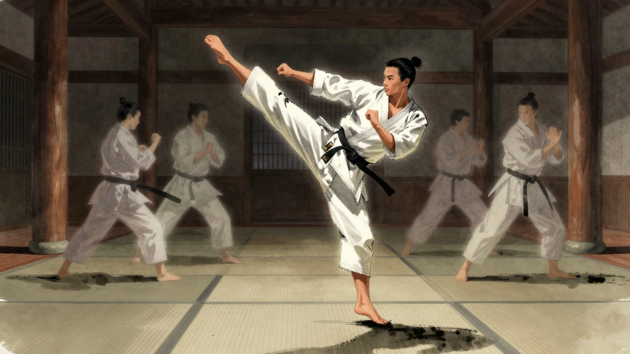 Karateka en train d&#039;exécuter une séquence de kata, avec des mouvements flous suggérant la dynamique du combat.