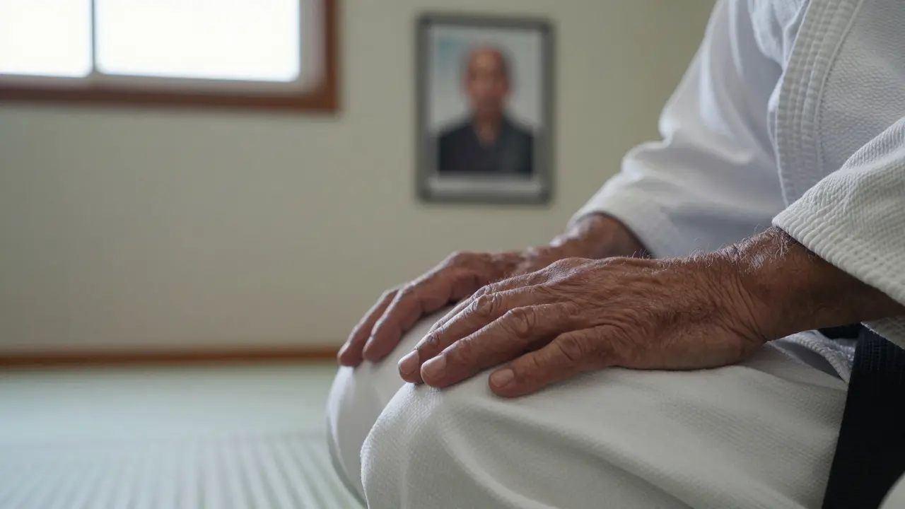 Mains posées sur les cuisses pendant un rei, symbole silencieux de l'humilité dans l'art martial.