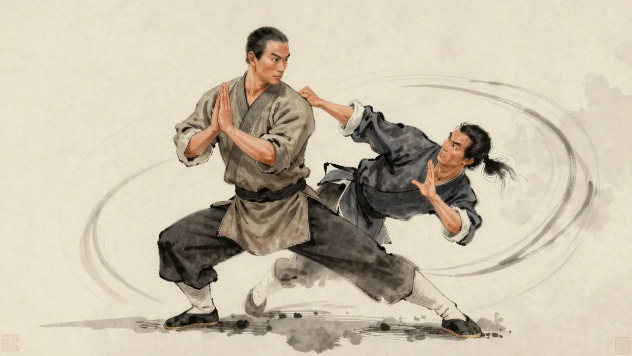 Maître de kung-fu déviant une attaque avec une main légère, déséquilibrant son opposant.